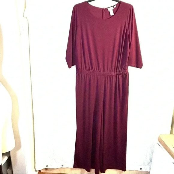 Joan Rivers Plus Size 1X Jersey Knit Jumpsuit 3/4 Slvs Back Zip Wide Leg Maroon - Picture 1 of 14